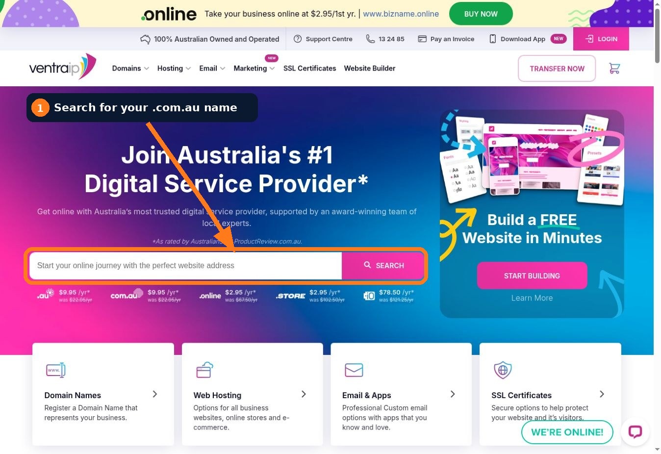 VentraIP home page with the domain search box highlighted