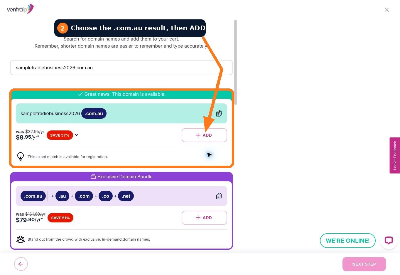 Available .com.au result with the Add button highlighted